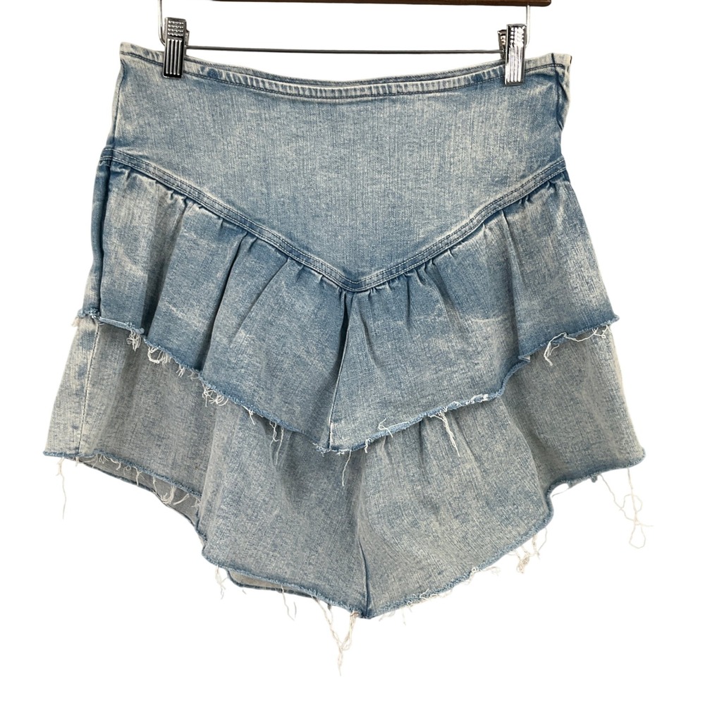 MOTHER Denim Skirt 31 Light Blue Tiered Ruffle Raw Hem Boho Western Cowgirl